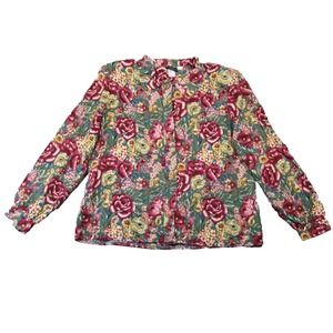 Vtg 80s Button Up Blouse Womens XL Green Pink Floral Long Sleeve Grandma Cottage